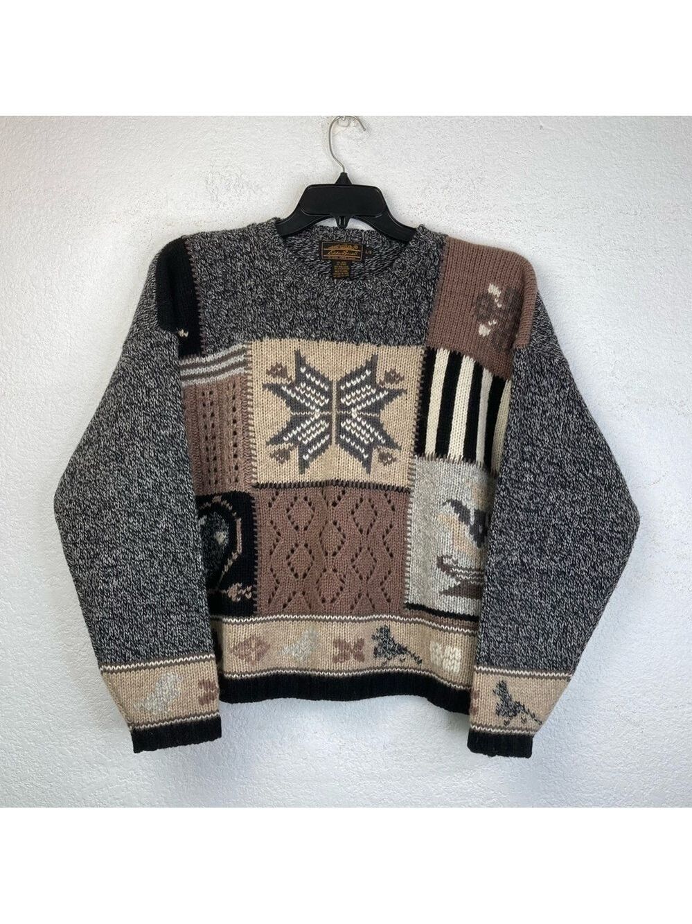 Vintage Eddie Bauer Patchwork Cable Crochet Knit Sweater Cozy Nordic Design Sz.L - Picture 3 of 12